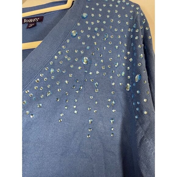 Romans Rhinestone Cardigan 22 Blue Knit Resort Boho Western Old Money Classic - Picture 3 of 8